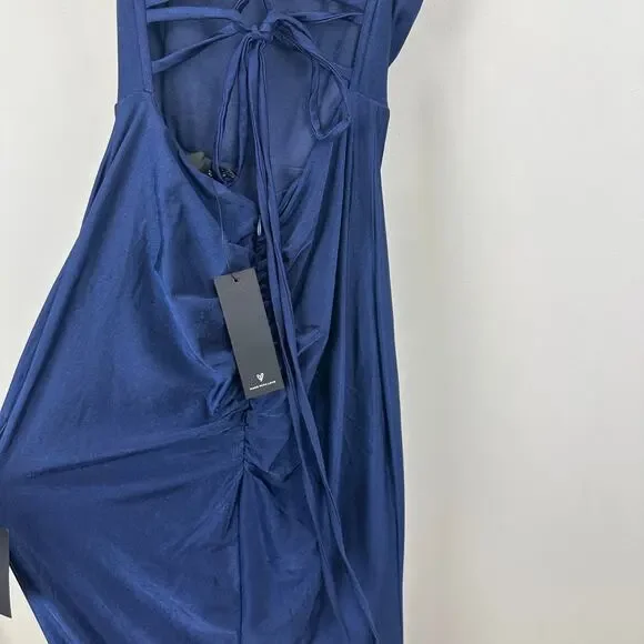 Lulus Iconic Allure Navy Blue Cowl Neck Lace Up Ruched Maxi Dress Stretch XS NWT - Picture 11 of 13